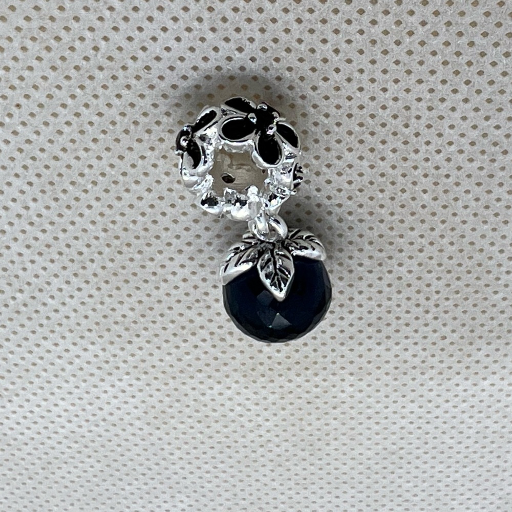 Black Flowers with Faceted Crystal Charm for Pandora Bracelets Sterling Silver
